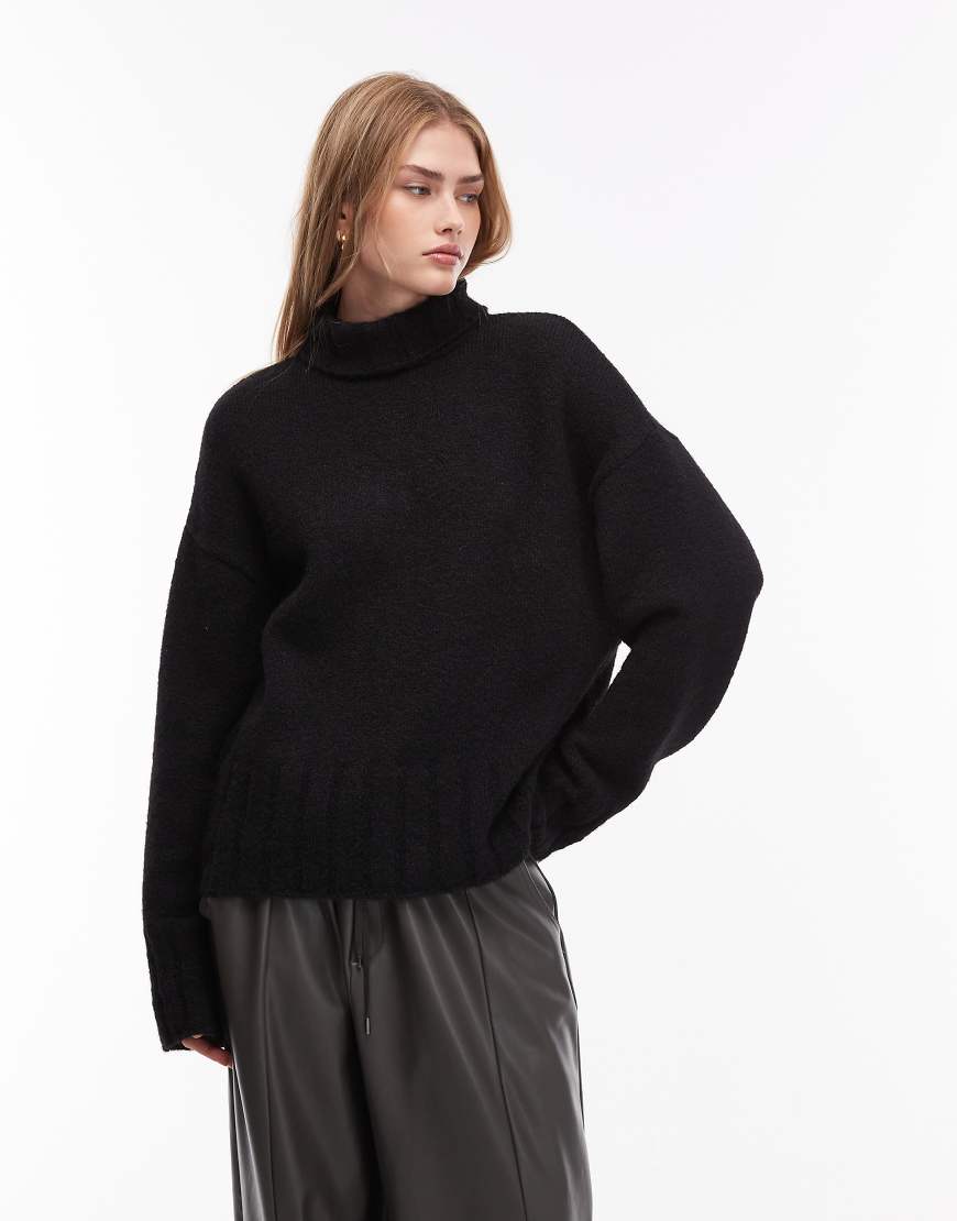 ASOS DESIGN - Hochgeschlossener Strickpullover aus Wollmix in Schwarz mit V-Ausschnitt von ASOS DESIGN