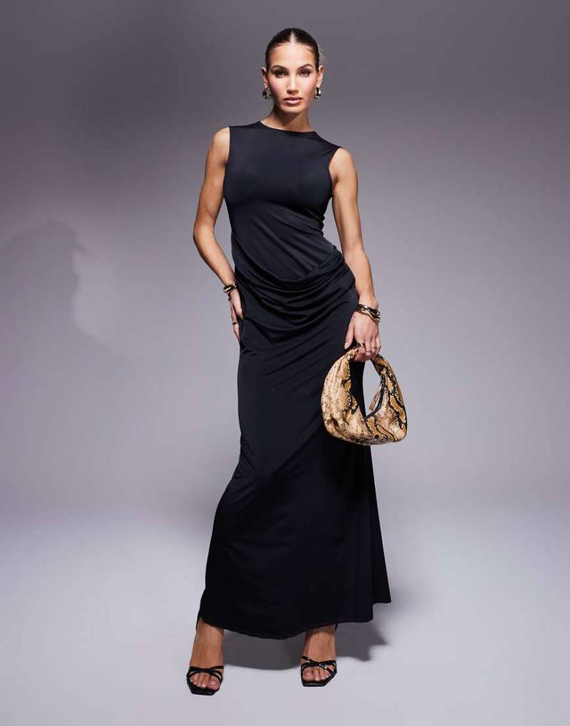 ASOS DESIGN - Hochgeschlossenes, formendes Maxikleid aus anschmiegsamem Jersey in Schwarz mit drapierter Taillenpartie von ASOS DESIGN