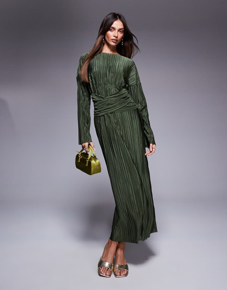ASOS DESIGN - Hochgeschlossenes, langärmliges Plissee-Maxikleid in Khaki mit gewickelter Taille-Grün von ASOS DESIGN