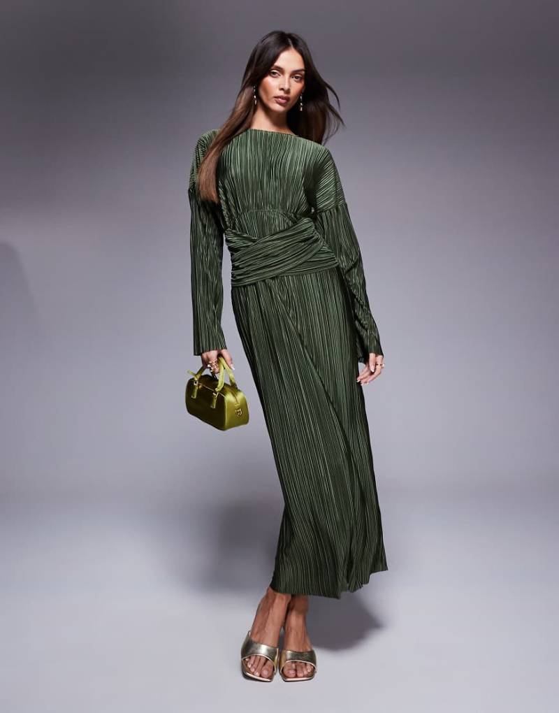 ASOS DESIGN - Hochgeschlossenes, langärmliges Plissee-Maxikleid in Khaki mit gewickelter Taille-Grün von ASOS DESIGN