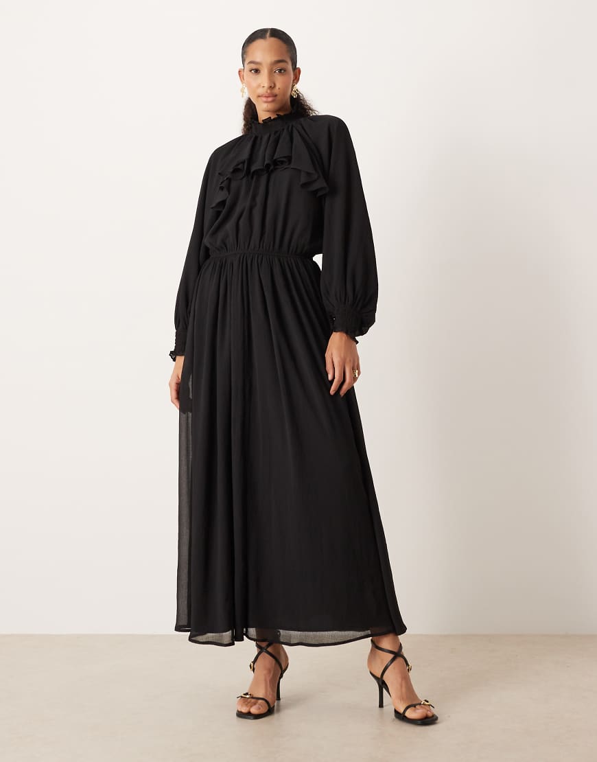 ASOS DESIGN - Hochgeschlossenes Chiffon-Maxikleid in Schwarz mit Rüschendetail von ASOS DESIGN