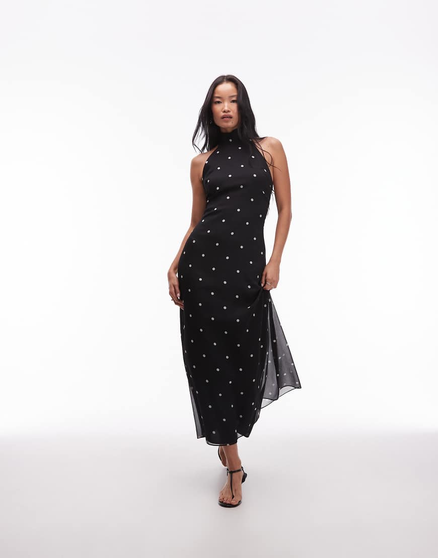 ASOS DESIGN - Hochgeschlossenes Maxikleid aus Chiffon in Schwarz mit Polka Dots-Bunt ASOS DESIGN - Hochgeschlossenes Maxikleid aus Chiffon in Schwarz mit Polka Dots-Bunt von ASOS DESIGN