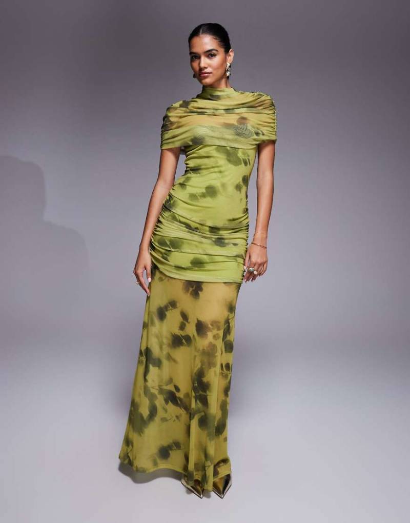 ASOS DESIGN - Hochgeschlossenes Maxikleid aus Mesh in Grün mit Blumenprint, Stehkragen und transparentem Overlay-Bunt ASOS DESIGN - Hochgeschlossenes Maxikleid aus Mesh in Grün mit Blumenprint, Stehkragen und transparentem Overlay-Bunt von ASOS DESIGN