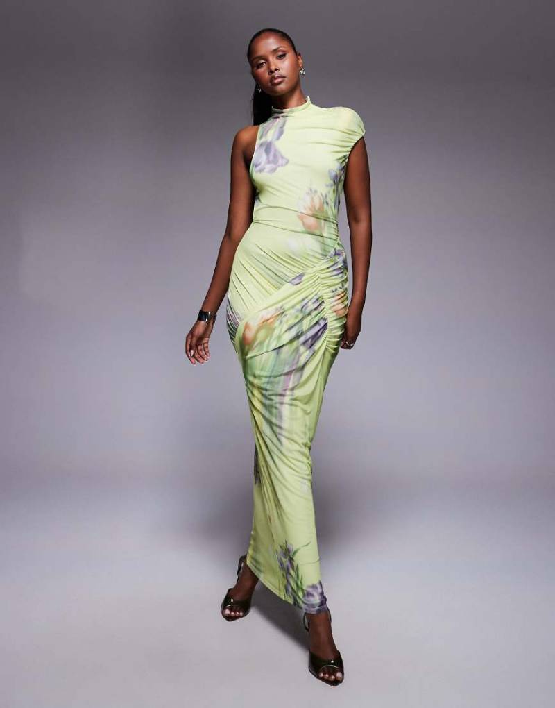 ASOS DESIGN - Hochgeschlossenes Maxikleid aus bedrucktem Netzstoff mit One-Shoulder-Kappärmel und botanischem Blumenprint-Bunt von ASOS DESIGN