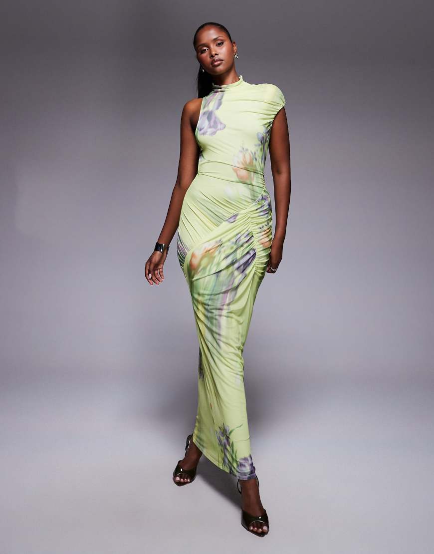 ASOS DESIGN - Hochgeschlossenes Maxikleid aus bedrucktem Netzstoff mit One-Shoulder-Kappärmel und botanischem Blumenprint-Bunt von ASOS DESIGN
