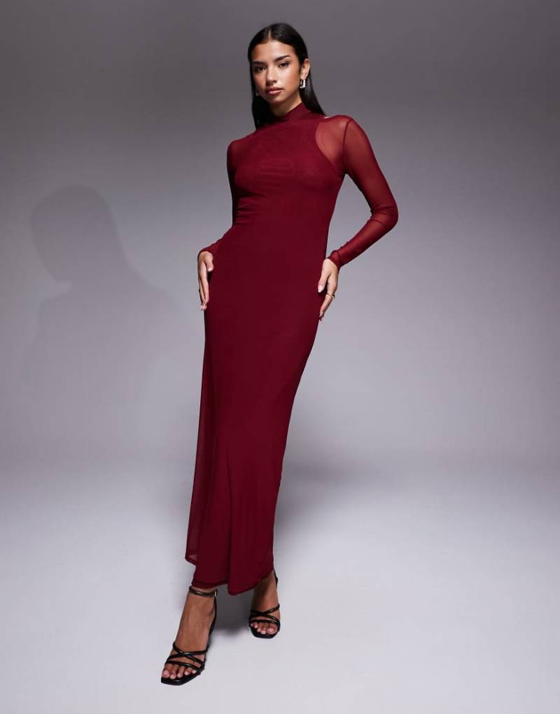ASOS DESIGN - Hochgeschlossenes Maxikleid aus doppellagigem Netzstoff in Burgunderrot von ASOS DESIGN