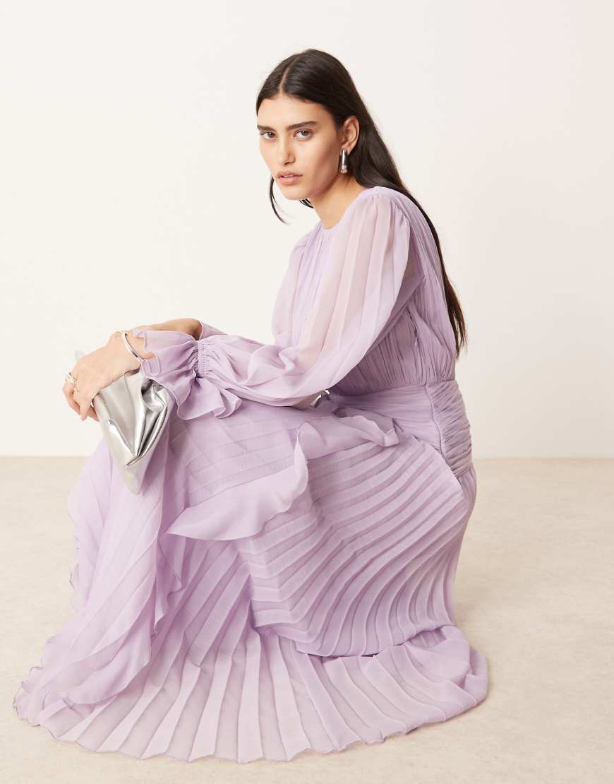 ASOS DESIGN - Hochgeschlossenes Maxikleid in Flieder mit Raffung und Gürteldetail-Grün von ASOS DESIGN