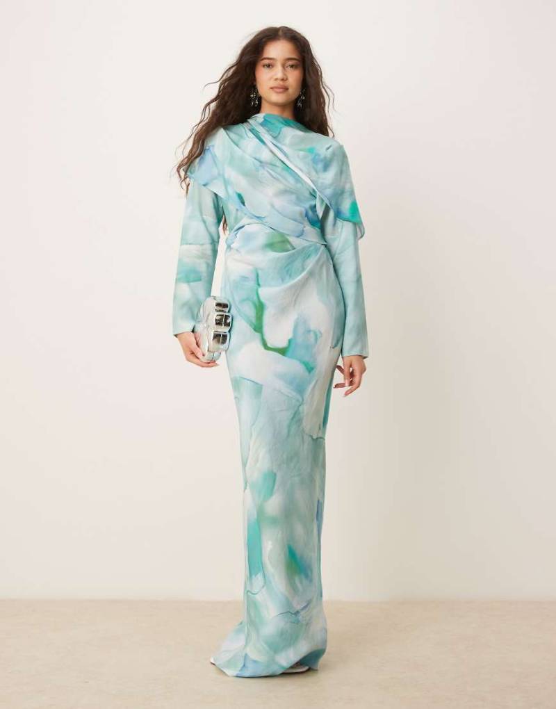 ASOS DESIGN - Hochgeschlossenes Maxikleid in Grün mit drapiertem Oberteil und abstraktem Print-Bunt von ASOS DESIGN