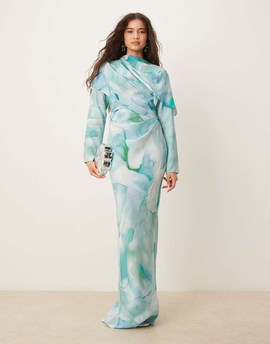 ASOS DESIGN - Hochgeschlossenes Maxikleid in Grün mit drapiertem Oberteil und abstraktem Print-Bunt von ASOS DESIGN