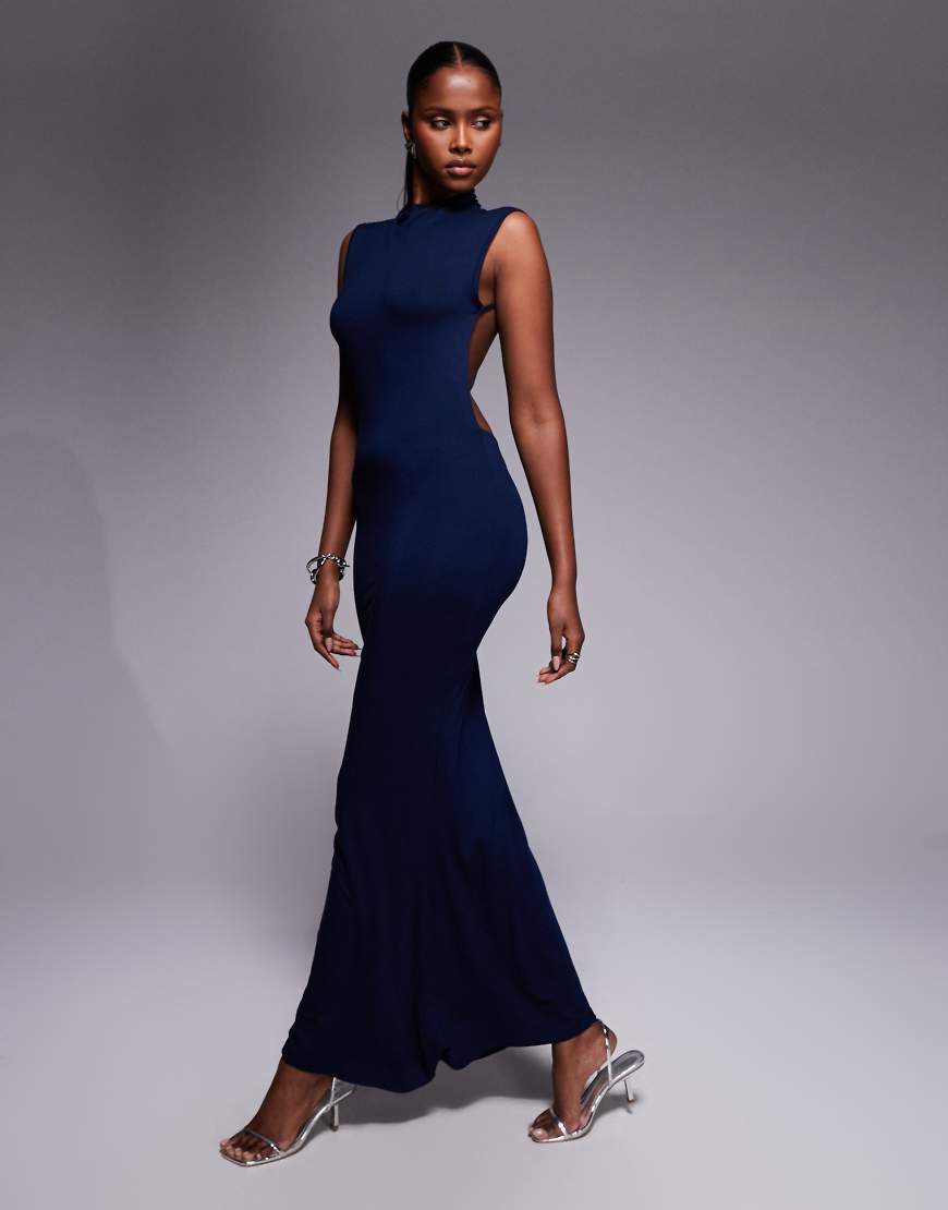 ASOS DESIGN - Hochgeschlossenes Maxikleid in Marineblau mit Rückenausschnitt von ASOS DESIGN