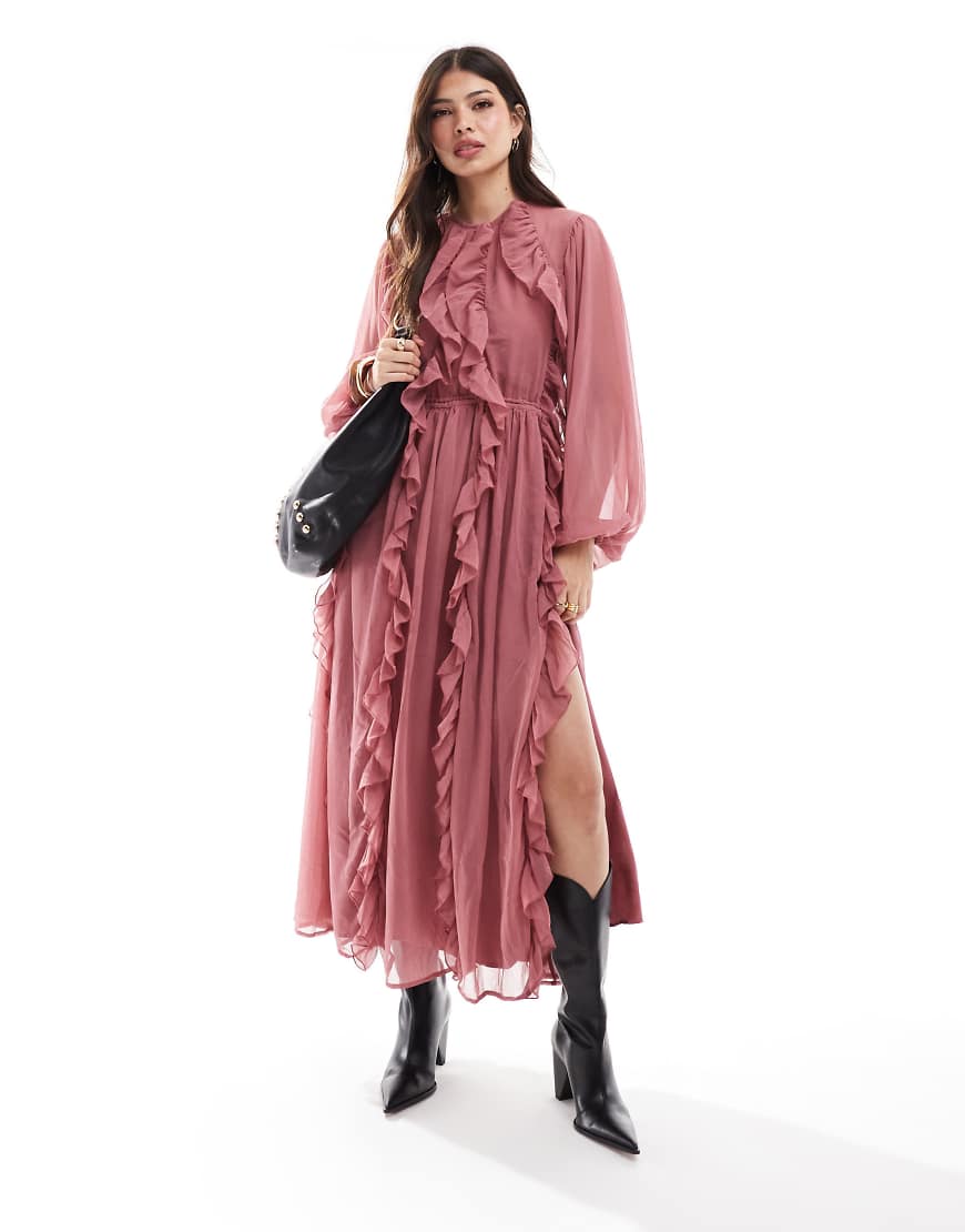 ASOS DESIGN - Hochgeschlossenes Maxikleid in Rosa mit Rüschen von ASOS DESIGN