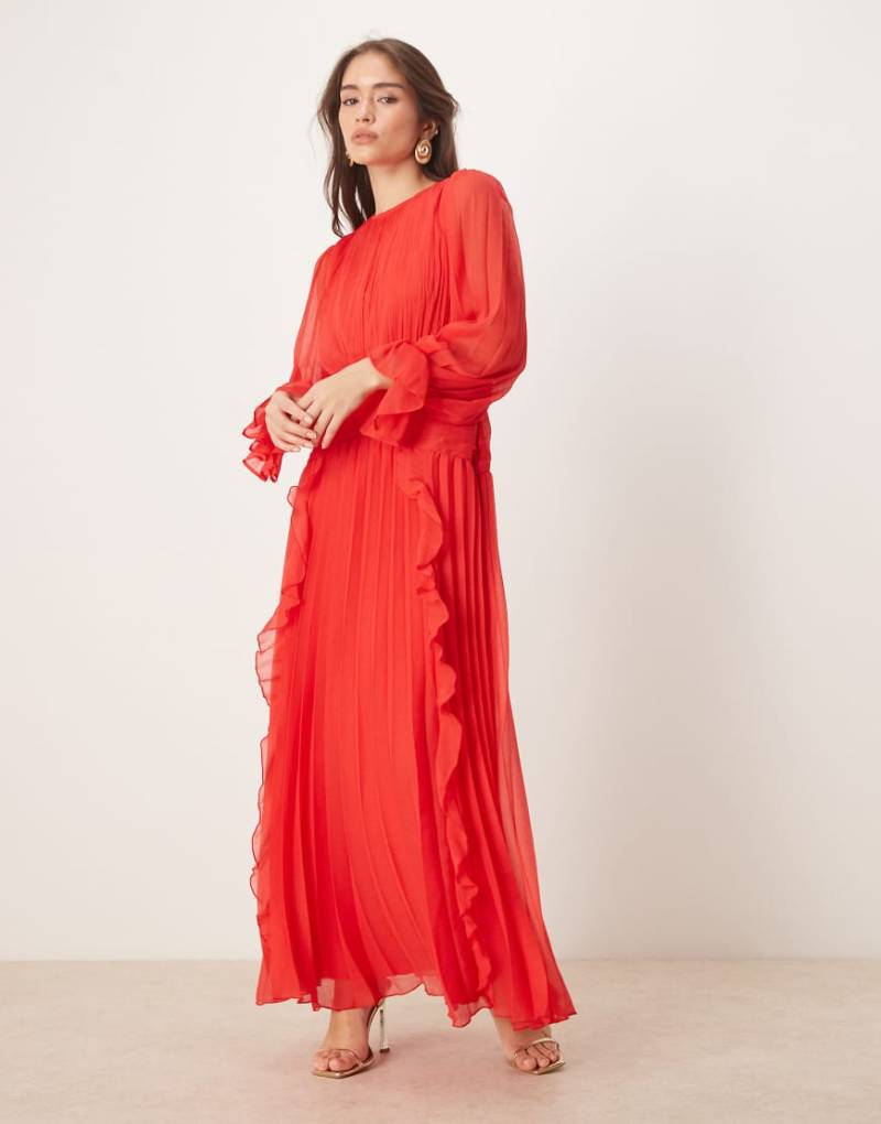 ASOS DESIGN - Hochgeschlossenes Maxikleid in Rot mit Raffung und Gürteldetail von ASOS DESIGN