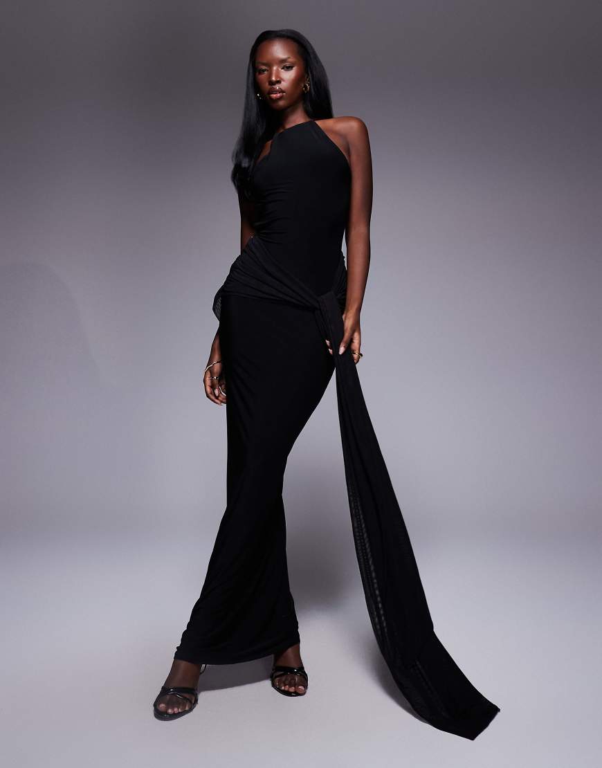 ASOS DESIGN - Hochgeschlossenes Maxikleid in Schwarz mit Doppelschlitz von ASOS DESIGN