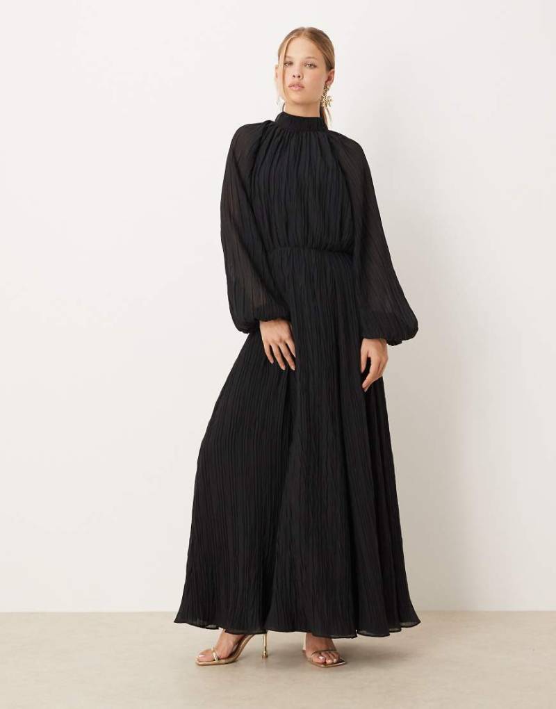 ASOS DESIGN - Hochgeschlossenes Maxikleid in Schwarz mit Knitter-Optik und Blouson-Ärmeln-Keine Farbe von ASOS DESIGN