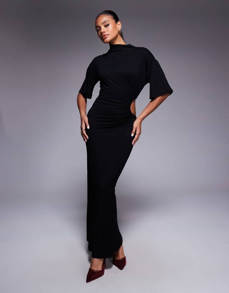 ASOS DESIGN - Hochgeschlossenes Maxikleid in Schwarz mit seitlichem Cut-Out von ASOS DESIGN