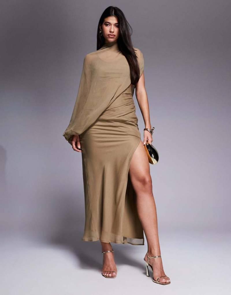 ASOS DESIGN - Hochgeschlossenes Maxikleid in Taupe mit asymmetrischer Drapierung und Zierausschnitt-Neutral von ASOS DESIGN