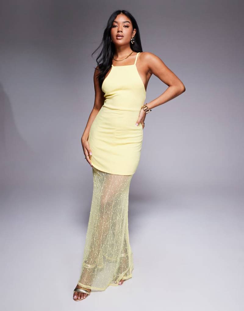 ASOS DESIGN - Hochgeschlossenes Maxikleid in Zitronengelb mit Schößchen, Oberteil und transparentem Rock von ASOS DESIGN