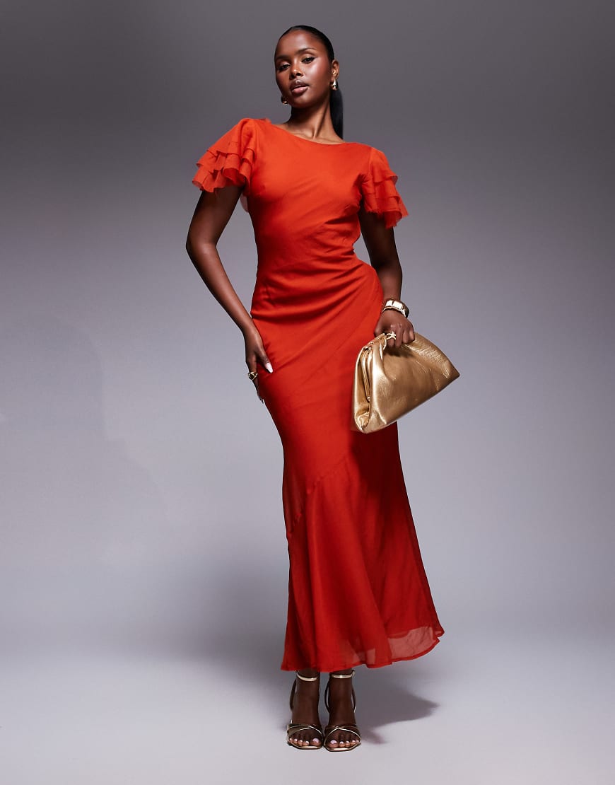 ASOS DESIGN - Hochgeschlossenes Maxikleid mit Rüschenärmeln in Rot ASOS DESIGN - Hochgeschlossenes Maxikleid mit Rüschenärmeln in Rot von ASOS DESIGN