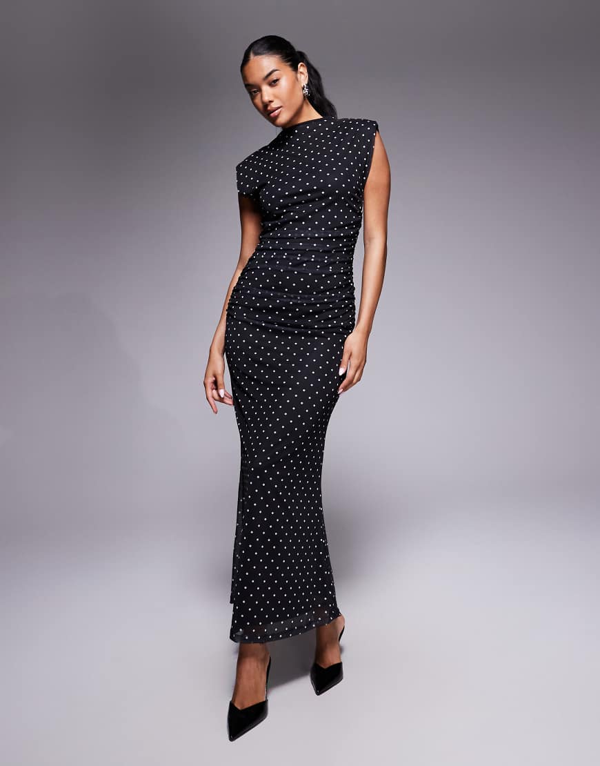 ASOS DESIGN - Hochgeschlossenes Maxikleid mit Schulterpolstern und Polka Dots-Schwarz von ASOS DESIGN