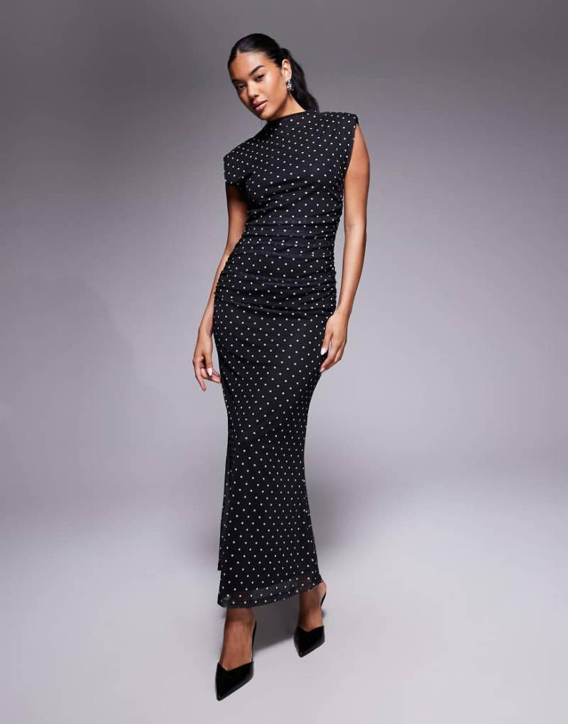 ASOS DESIGN - Hochgeschlossenes Maxikleid mit Schulterpolstern und Polka Dots-Schwarz von ASOS DESIGN