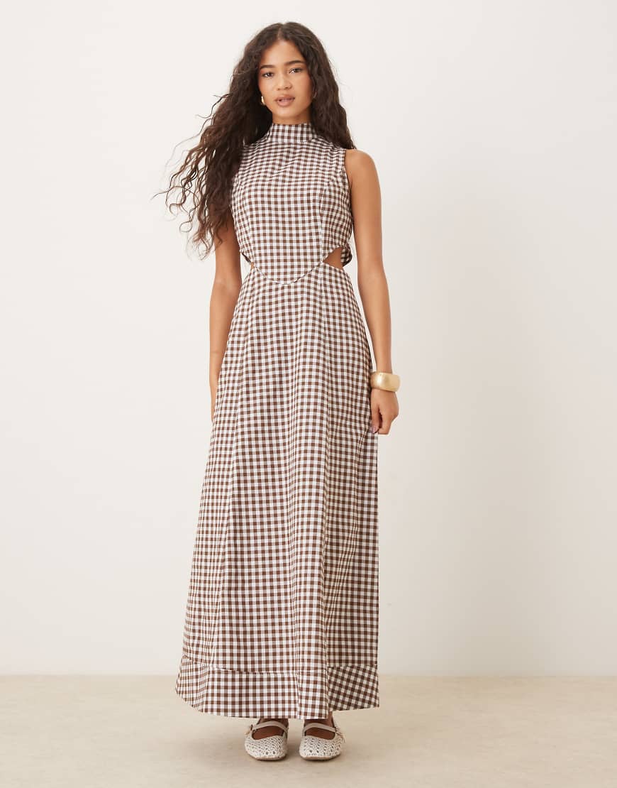 ASOS DESIGN - Hochgeschlossenes Midaxi-Kleid in Schokobraun mit Vichy-Karo und Zierausschnitten in der Taille-Bunt von ASOS DESIGN