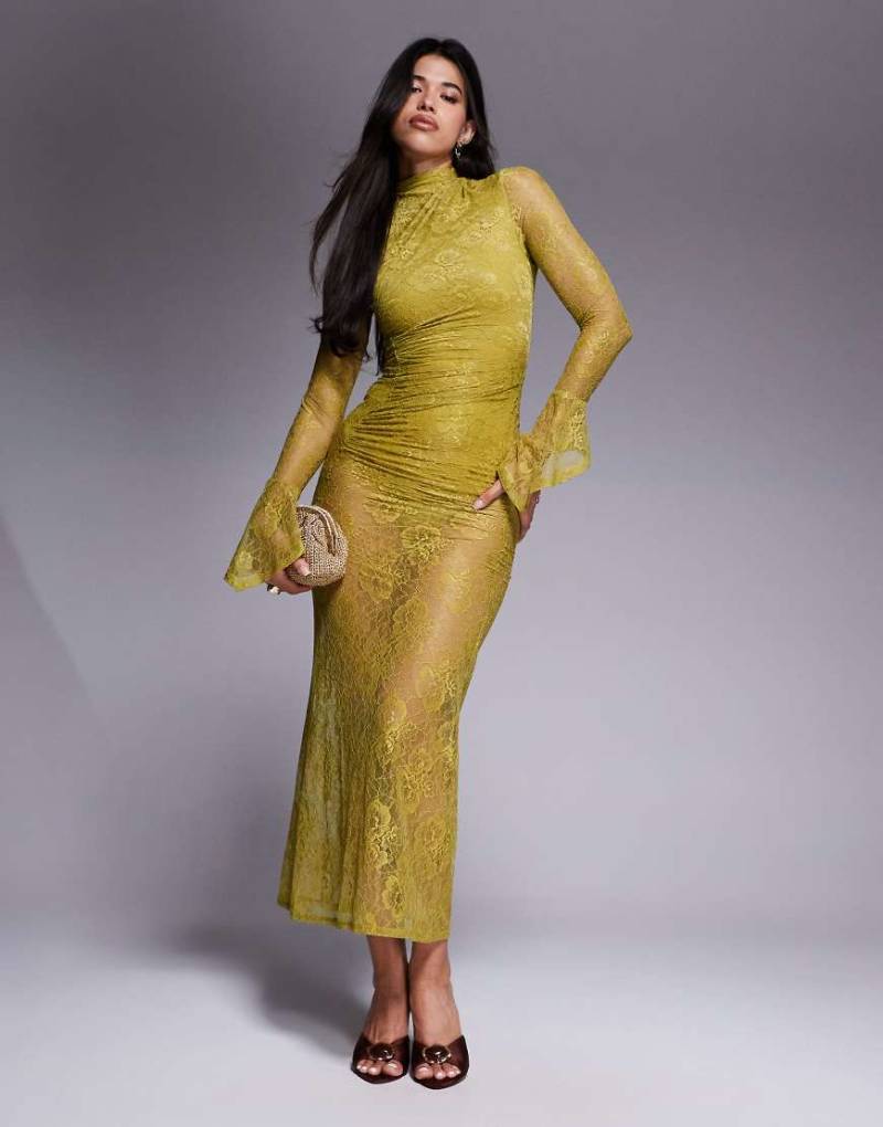 ASOS DESIGN - Hochgeschlossenes Midikleid aus Spitze in Chartreuse mit asymmetrischen, ausgestellten Bündchen-Gelb von ASOS DESIGN