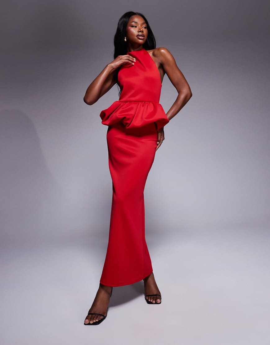 ASOS DESIGN - Hochgeschlossenes Midikleid aus neoprenartigem Stoff in Rot mit bauschigem Schößchen von ASOS DESIGN