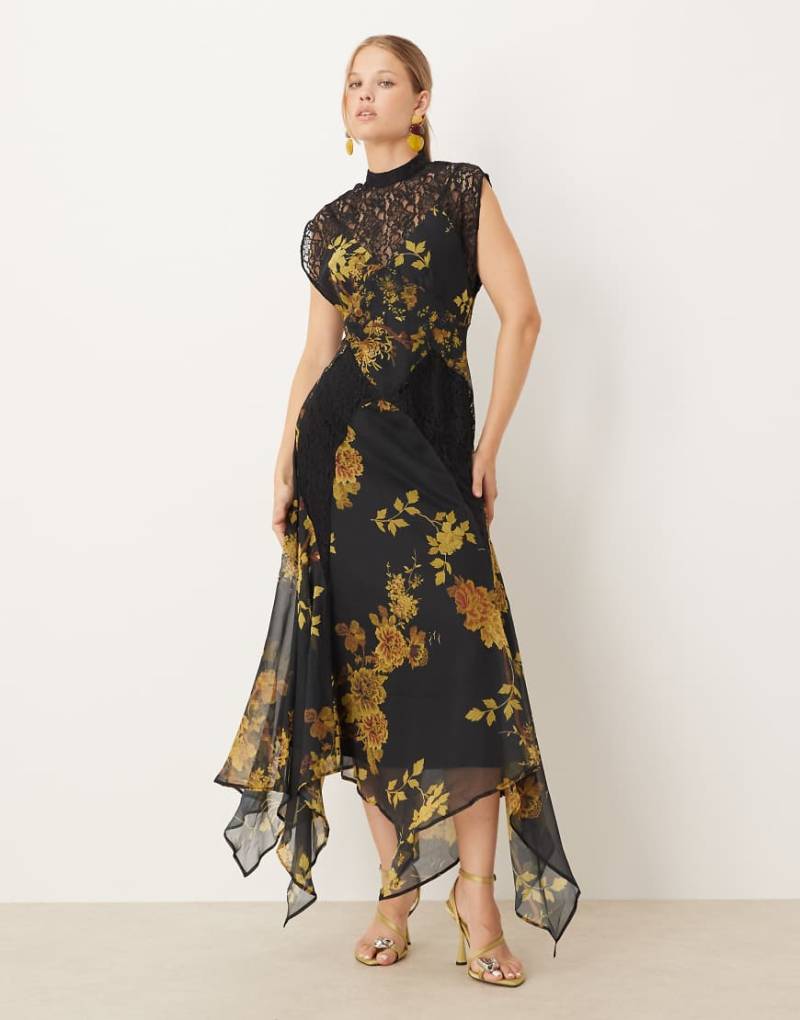 ASOS DESIGN - Hochgeschlossenes Midikleid mit Spitzendetail, Ziernähten und Blumenmuster in Dunkelgelb-Bunt von ASOS DESIGN