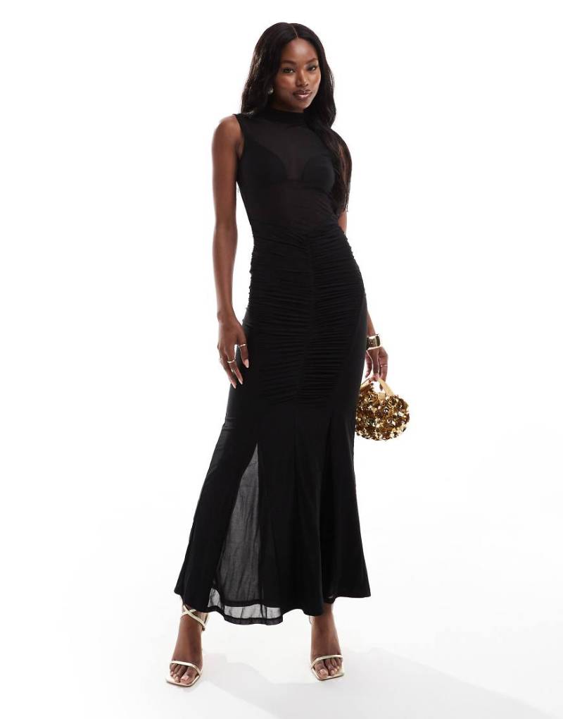 ASOS DESIGN - Hochgeschlossenes Netzstoff-Maxikleid in Schwarz mit BH-Detail und stark gerafftem Rock von ASOS DESIGN