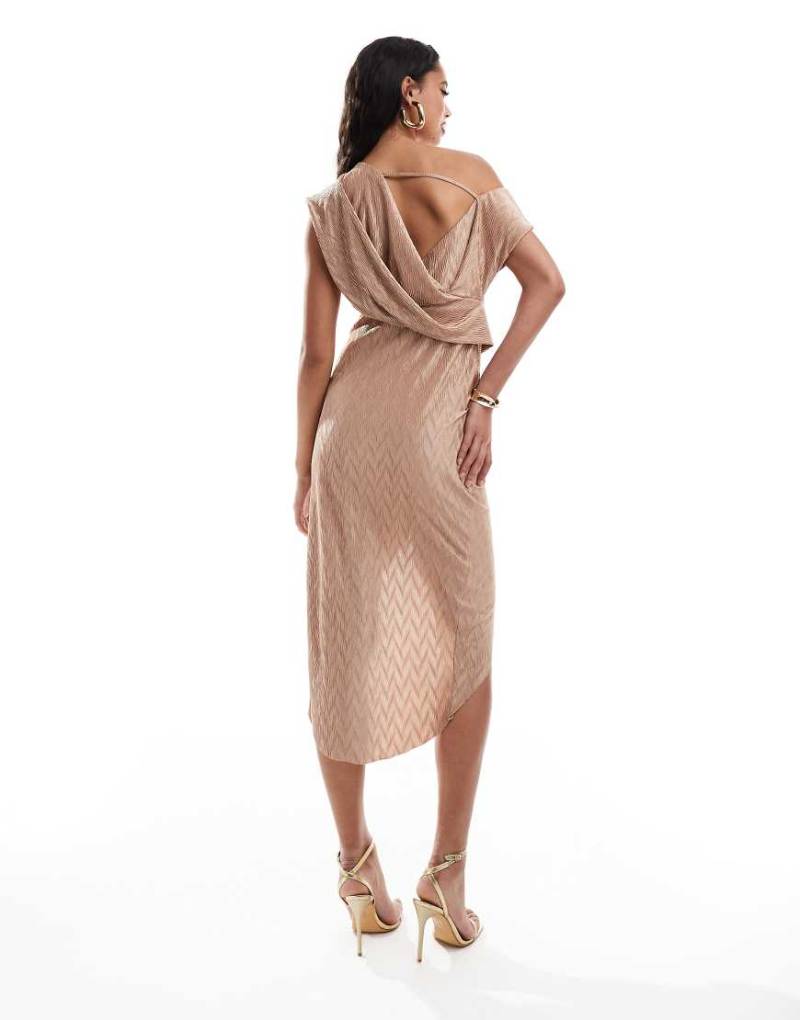 ASOS DESIGN - Hochgeschlossenes Plissee-Midikleid in Camel mit Winkelstreifenmuster und Wasserfallausschnitt hinten-Grün von ASOS DESIGN