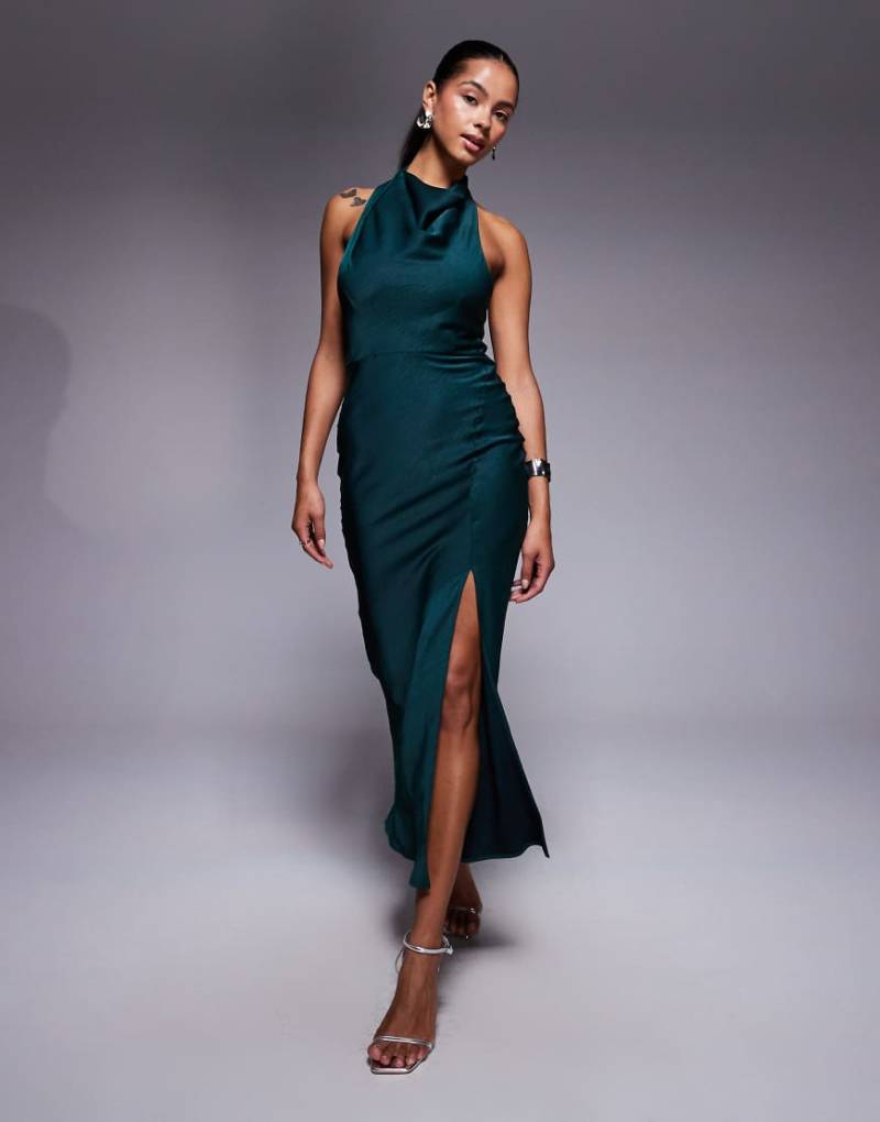 ASOS DESIGN - Hochgeschlossenes Satin-Midikleid in Petrol mit überkreuztem Riemendetail-Blau von ASOS DESIGN