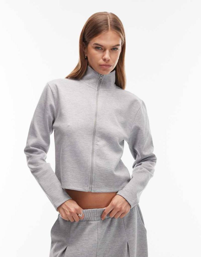 ASOS DESIGN - Hochgeschlossenes Sweatshirt aus Interlock in Grau meliert mit durchgehendem Reißverschluss, Kombiteil von ASOS DESIGN