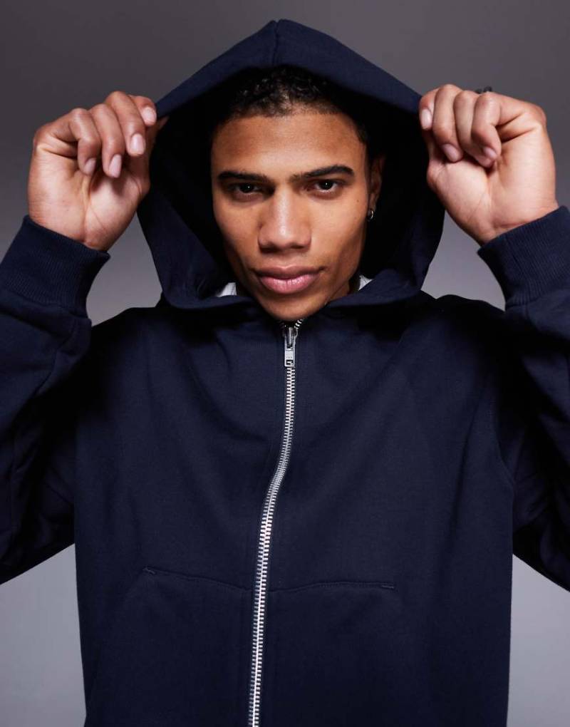 ASOS DESIGN - Hochwertige, kastige Cropped Fit Kapuzenjacke aus schwerem Stoff in Marineblau, 400 g/m² von ASOS DESIGN