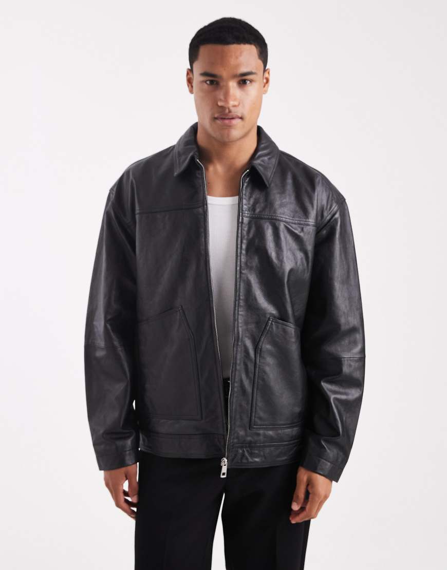 ASOS DESIGN - Hochwertige Harrington-Jacke aus echtem Leder in Schwarz von ASOS DESIGN