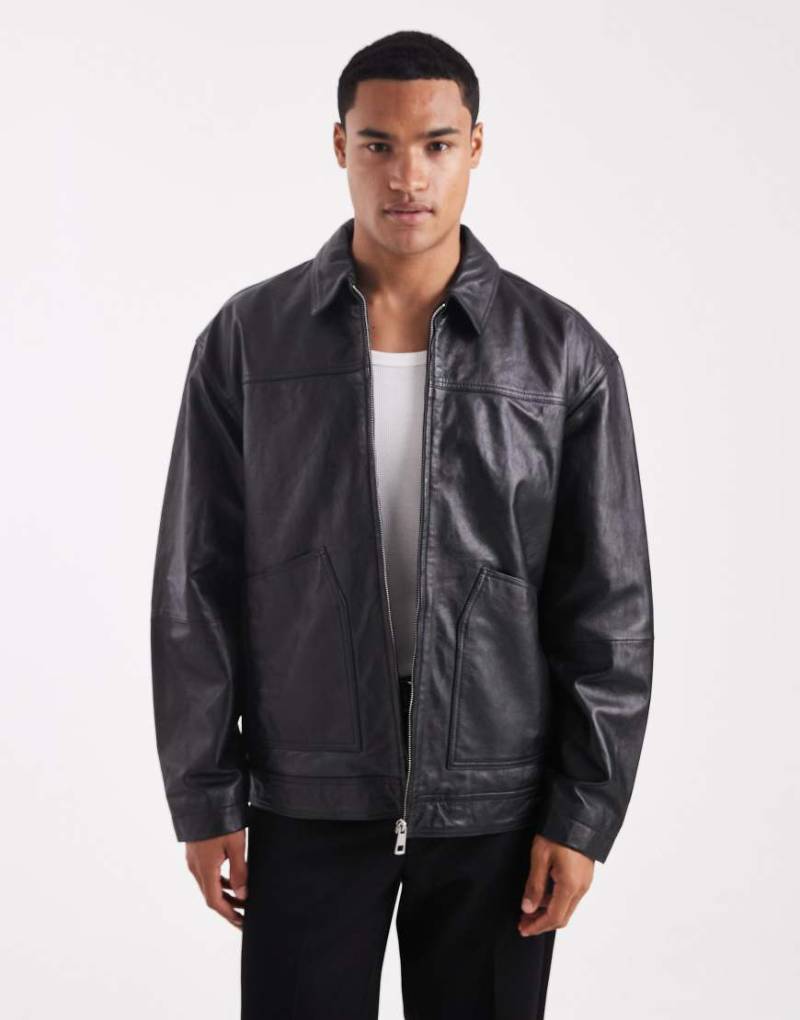 ASOS DESIGN - Hochwertige Harrington-Jacke aus echtem Leder in Schwarz von ASOS DESIGN