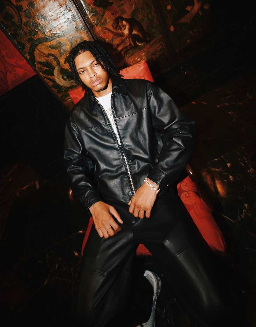 ASOS DESIGN - Hochwertige Harrington-Jacke mit kurzem Schnitt aus echtem Leder in Schwarz von ASOS DESIGN