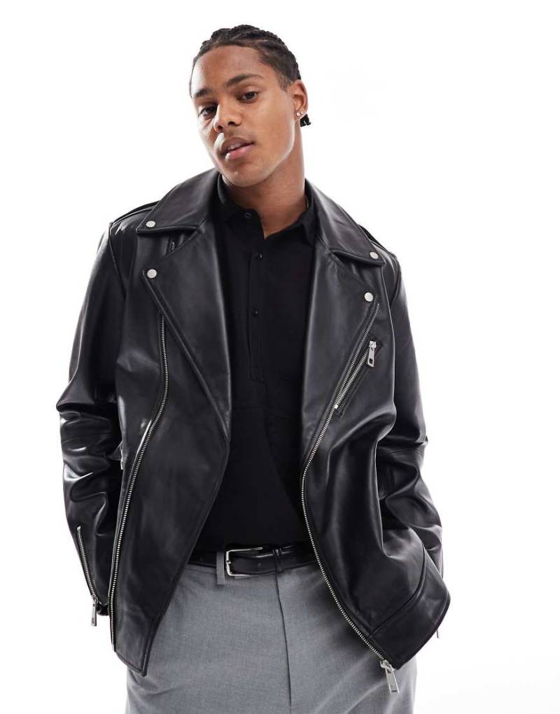 ASOS DESIGN - Hochwertige Motorradjacke aus echtem Leder in Schwarz von ASOS DESIGN