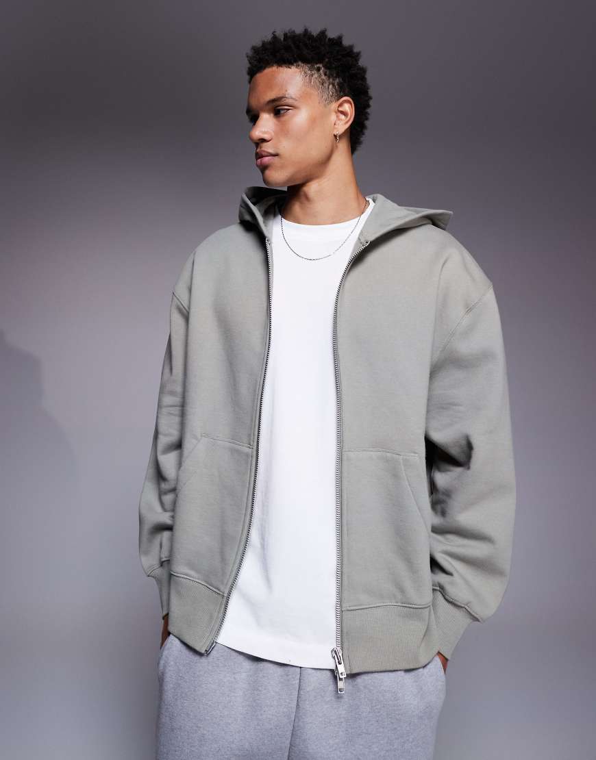 ASOS DESIGN - Hochwertige Oversize-Kapuzenjacke aus schwerem Stoff in Khaki mit Reißverschluss, 400 g/m²-Grün von ASOS DESIGN