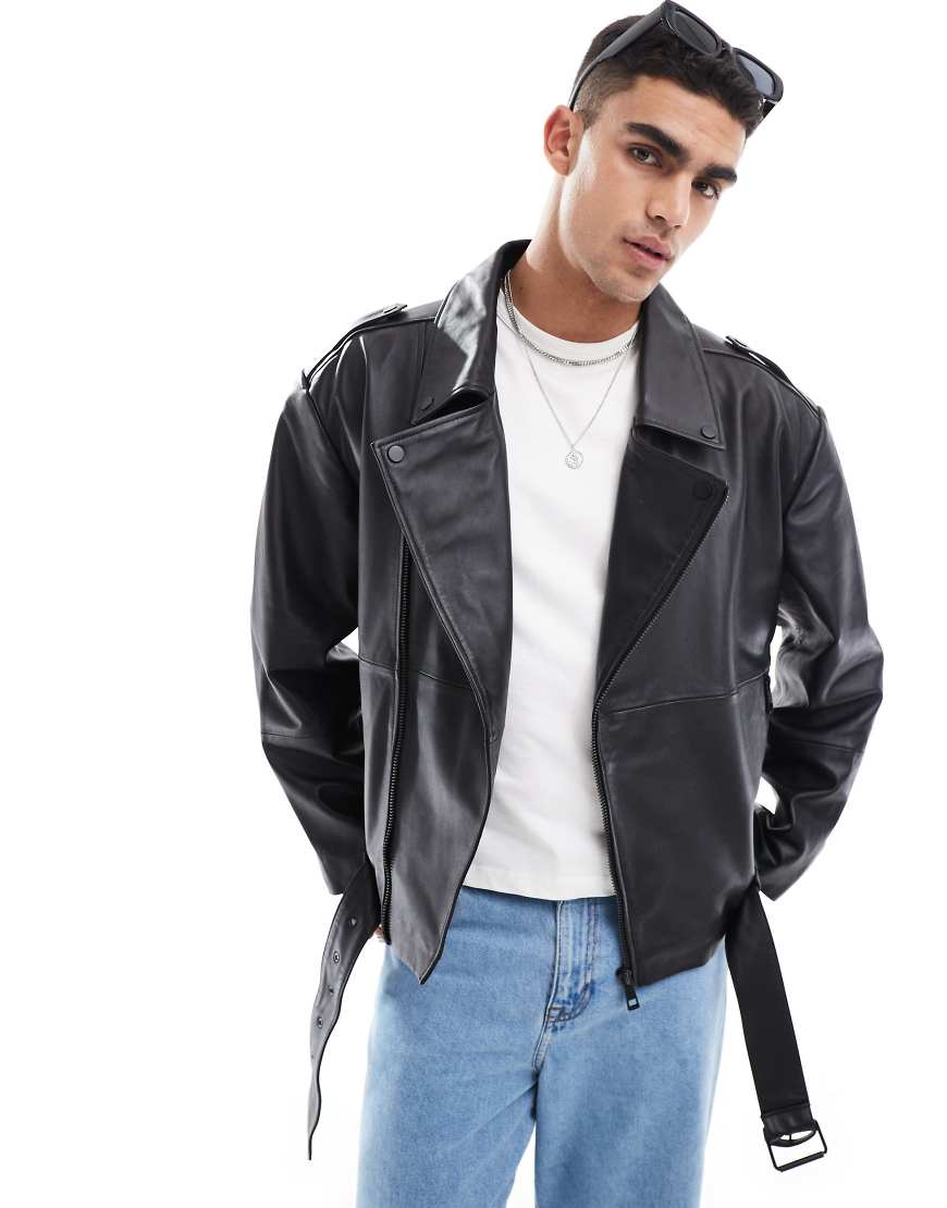 ASOS DESIGN - Hochwertige Oversize-Motorradjacke aus Echtleder in Schwarz von ASOS DESIGN