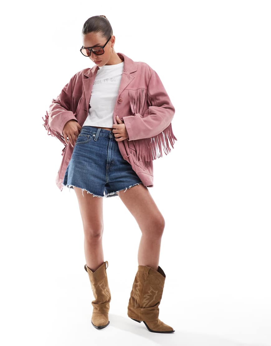 ASOS DESIGN - Hochwertige Wildleder-Jacke in Pastellrosa mit Fransen von ASOS DESIGN