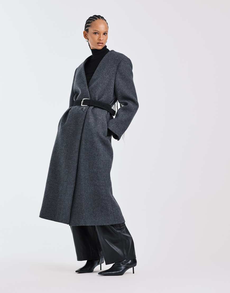 ASOS DESIGN - Hochwertiger, kragenloser Mantel aus Wollmix in Anthrazit-Grau von ASOS DESIGN