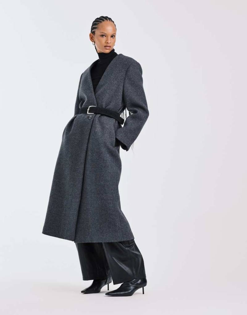 ASOS DESIGN - Hochwertiger, kragenloser Mantel aus Wollmix in Anthrazit-Grau von ASOS DESIGN