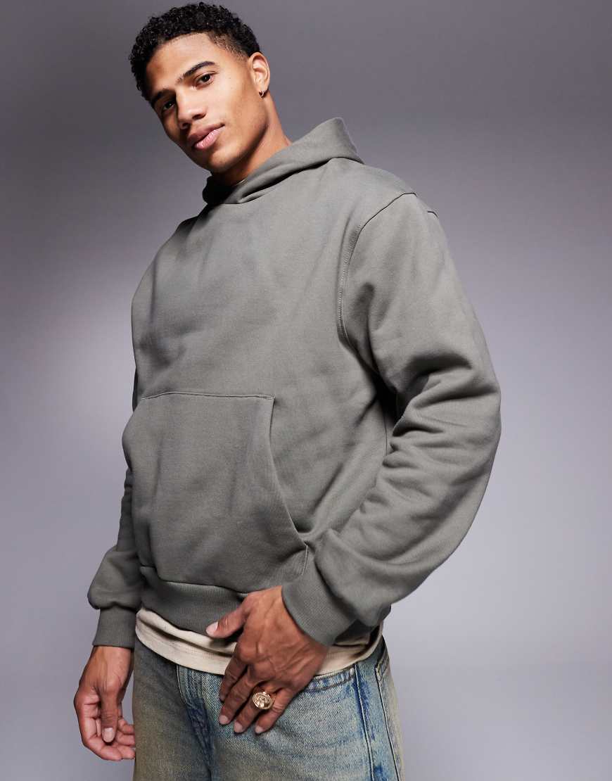 ASOS DESIGN - Hochwertiger, schwerer Oversize-Kapuzenpullover in Khaki mit kastigem Schnitt, 400 g/m²-Grün von ASOS DESIGN