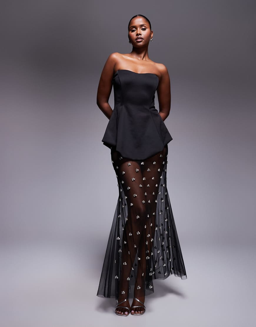 ASOS DESIGN - Hochwertiges, geformtes Kleid aus neoprenartigem Stoff in Schwarz mit verziertem Maxirock ASOS DESIGN - Hochwertiges, geformtes Kleid aus neoprenartigem Stoff in Schwarz mit verziertem Maxirock von ASOS DESIGN