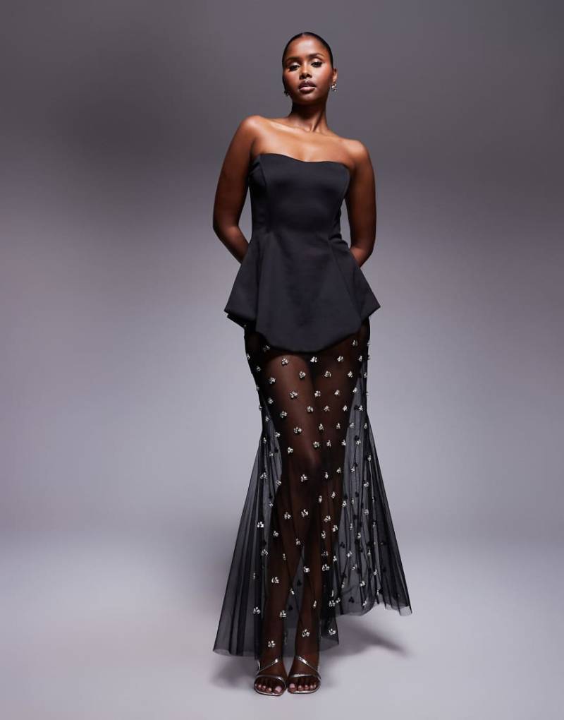ASOS DESIGN - Hochwertiges, geformtes Kleid aus neoprenartigem Stoff in Schwarz mit verziertem Maxirock von ASOS DESIGN