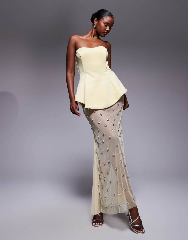 ASOS DESIGN - Hochwertiges, geformtes Neopren-Kleid in Buttergelb mit verziertem Maxirock-Grün von ASOS DESIGN