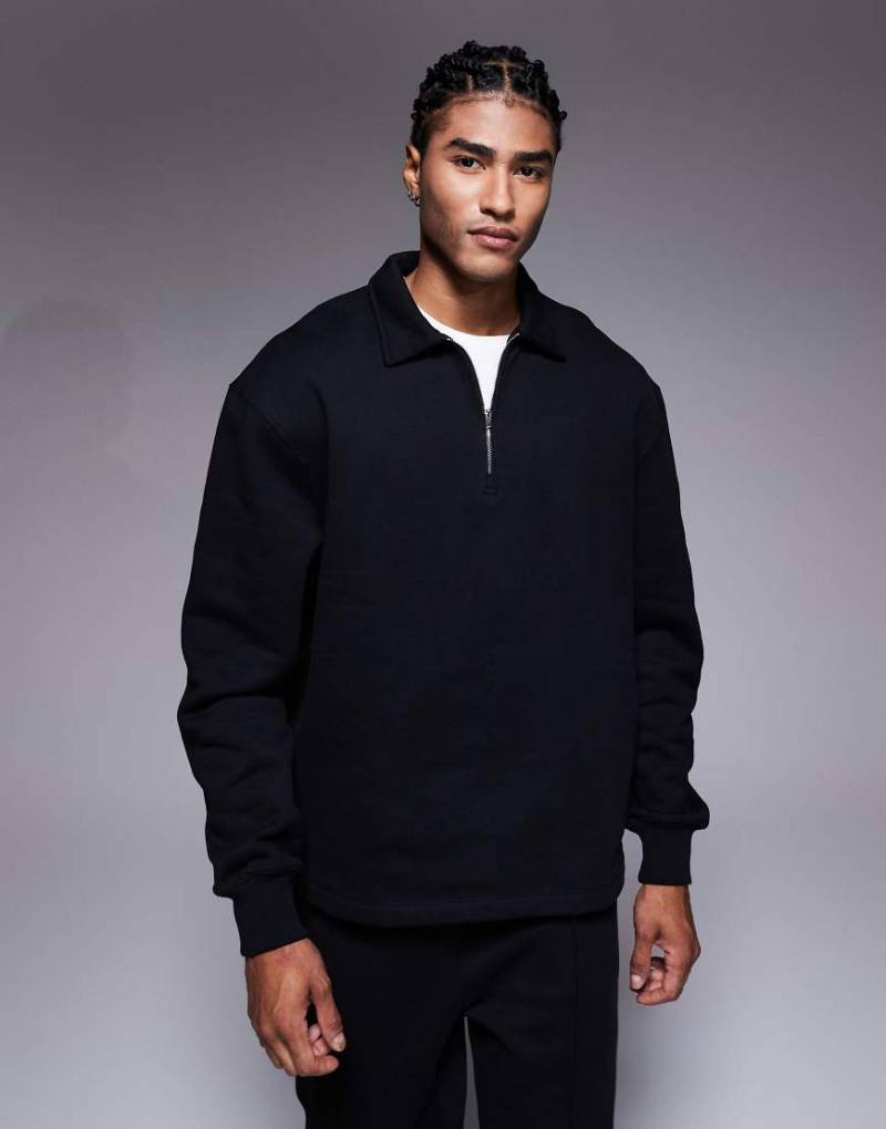 ASOS DESIGN - Hochwertiges, schweres Oversize-Sweatshirt in Schwarz mit Kragen und kurzem Reißverschluss, Kombiteil von ASOS DESIGN