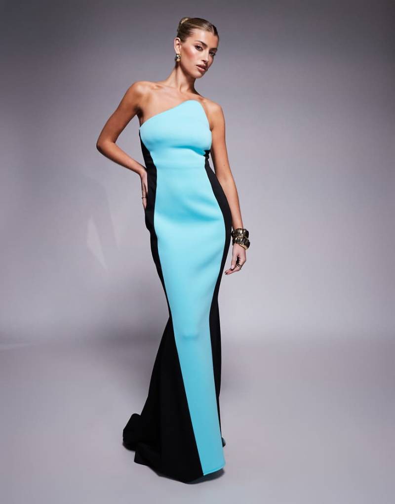 ASOS DESIGN - Premium - Trägerloses Maxikleid aus neoprenartigem Material in Schwarz und Blau mit Farbblockdesign von ASOS DESIGN