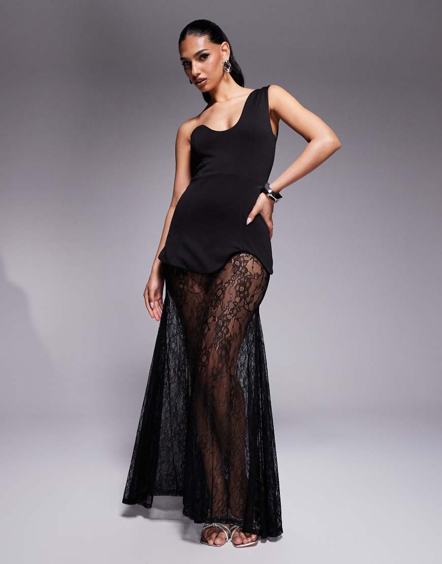 ASOS DESIGN - Hochwertiges Maxikleid aus neoprenartigem Stoff in Schwarz mit asymmetrischem Ausschnitt und Rock aus Spitze von ASOS DESIGN