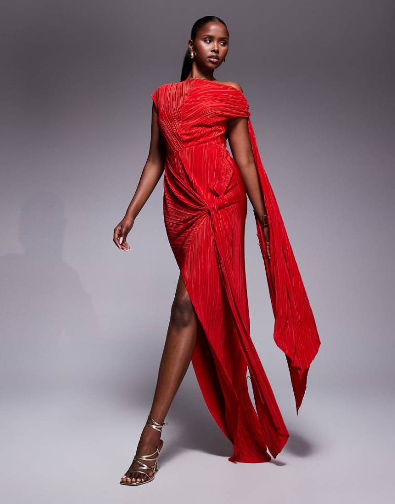 ASOS DESIGN - Hochwertiges Plissee-Maxikleid mit mehreren Knotendetails und hohem Schlitz-Rot von ASOS DESIGN